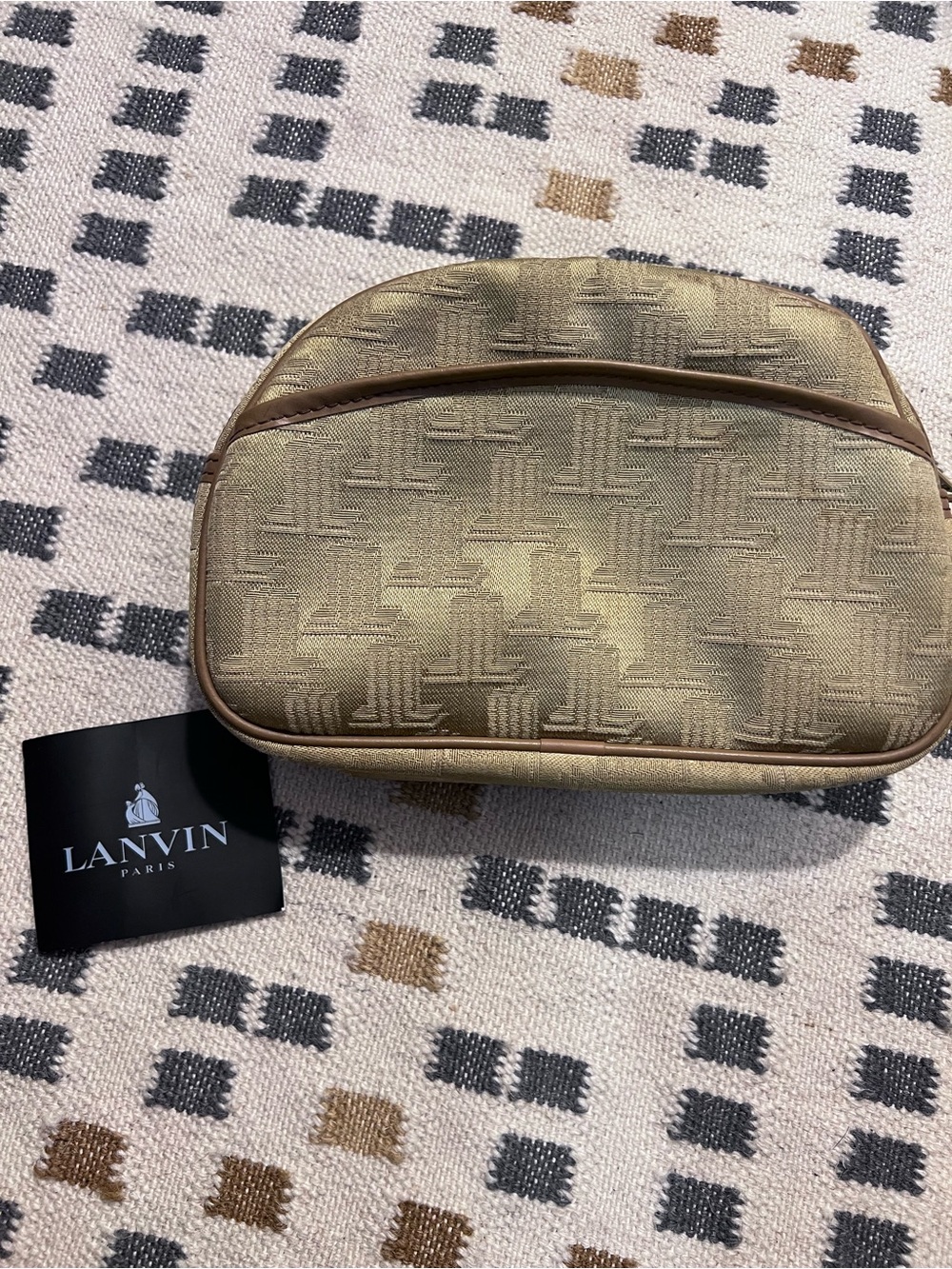 Vintage LANVIN Paris Monogram Jacquard Cosmetic Pouch Bag - Camel Brown